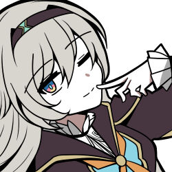 1girl black_hairband collared_shirt electronduck finger_to_mouth firefly_(honkai:_star_rail) frilled_sleeves frills green_pupils grey_hair hair_between_eyes hair_intakes hairband hand_on_own_face honkai:_star_rail honkai_(series) jacket long_hair long_sleeves lowres multicolored_eyes neckerchief one_eye_closed orange_neckerchief shirt simple_background solo two-tone_eyes white_background white_shirt white_sleeves