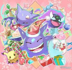:d bauble bell black_eyes candy candy_cane candy_wrapper character_print christmas christmas_ornaments closed_eyes commentary_request creatures_(company) delibird fangs food game_freak gastly gen_1_pokemon gen_2_pokemon gen_7_pokemon gengar hat haunter holding holly mimikyu nintendo no_humans open_mouth poke_ball pokemon pokemon_(creature) red_headwear santa_hat smile stantler staryu teeth tongue yurian_(user_utch8788)