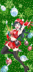 1girl absurdres alcohol anonymous_(japanese) arm_up armpits belt belted_skirt black_belt black_boots black_thighhighs blue_hair boots breasts brown_eyes camouflage camouflage_hat champagne christmas collared_halterneck digital_camouflage fur-trimmed_collar fur-trimmed_gloves fur_trim gloves happy hat highres japanon kraken_(japanon) kraken_regiment light_blush long_hair looking_at_viewer medium_breasts midriff navel non-web_source original pleated_skirt red_gloves red_hat red_skirt russo-ukrainian_war santa_hat shiny_skin side_zipper skirt snowflakes solo squid_print standing standing_on_one_leg teeth thick_thighs thighhighs thighs tongue upper_teeth_only zettai_ryouiki