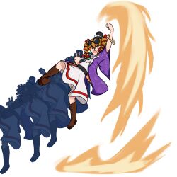 1girl absurdres avian_zebra black_hat blazblue boots bracelet brown_boots coat commentary dress drill_hair english_commentary fire full_body hat highres jewelry long_sleeves mini_hat mini_top_hat naoto_kurogane orange_eyes orange_hair purple_coat round_eyewear simple_background solo sunglasses top_hat touhou twin_drills uppercut variant_set white_background white_dress wide_sleeves yorigami_jo&#039;on