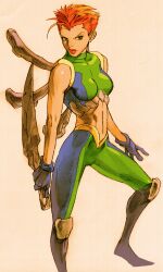 1girl 2000 bare_shoulders bengus bone bone_weapon capcom game_cg gloves green_eyes highres holding holding_weapon marrow_(x-men) marvel marvel_vs._capcom marvel_vs._capcom_2 midriff non-web_source red_hair scan short_hair simple_background solo weapon x-men