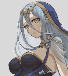 1girl azura_(fire_emblem) blue_hair breasts closed_mouth fire_emblem fire_emblem_fates fire_emblem_heroes floating_hair grey_background hair_between_eyes hair_ornament highres karashino long_hair medium_breasts nintendo official_alternate_costume sideboob simple_background smile solo twitter_username upper_body veil yellow_eyes