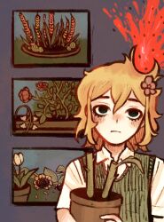 Rule 34 | 1boy, alternate eye color, basil (faraway) (omori), basil (omori), black eyes, blonde hair, blush, cactus, closed mouth, collared shirt, flower, flower pot, gladiolus, green sweater vest, highres, holding, holding flower pot, lily of the valley, male focus, omori, ottie pops, plant, potted plant, red flower, red rose, rose, shirt, short hair, solo, sunflower, sweater vest, tulip, white flower, white shirt, white tulip