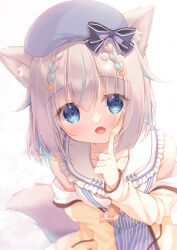 1girl :d animal_ear_fluff animal_ears bare_shoulders beret black_bow blue_eyes blue_hair blue_hat blue_skirt blush bow braid brown_jacket collarbone commentary_request fang finger_to_cheek frilled_sailor_collar frills grey_hair haconect hand_up hat hat_bow index_finger_raised jacket leaning_forward looking_at_viewer mofuyama_sorara multicolored_hair off_shoulder open_clothes open_jacket open_mouth purple_bow sailor_collar shirt skirt sleeveless sleeveless_shirt smile solo streaked_hair striped_clothes striped_skirt suspender_skirt suspenders tail twitter_username vertical-striped_clothes vertical-striped_skirt virtual_youtuber white_background white_sailor_collar white_shirt yukie_(peach_candy)