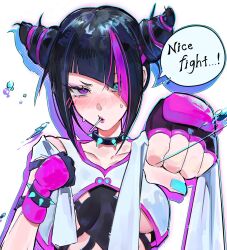 1girl black_hair blue_nails blush breasts center_opening chest_tattoo choker english_text fingerless_gloves gloves green_eyes green_nails hair_horns han_juri heterochromia highres holding holding_towel incoming_gift looking_at_viewer multicolored_hair outstretched_arm pink_eyes pink_hair shy si_(sitisi_28) simple_background small_breasts solo speech_bubble spider_tattoo spiked_choker spikes street_fighter sweat tattoo towel two-tone_hair vest white_background white_vest