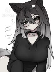 1girl :&lt; animal_ear_fluff animal_ears black_choker black_eyes black_hoodie blush bone_choker breasts choker closed_mouth commentary english_commentary english_text glasses gradient_hair grey_hair hair_between_eyes hair_ornament heart highres hood hood_down hoodie large_breasts long_hair long_sleeves looking_at_viewer multicolored_hair okariin original round_eyewear simple_background solo squeans tail talking white_background wolf_ears wolf_girl wolf_tail