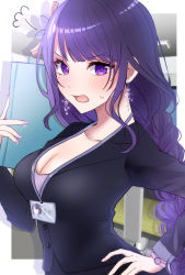 1girl absurdres black_jacket blush book breasts cleavage earrings floating_earring genshin_impact hand_on_own_hip highres holding holding_book hotaboshi_yazuki id_card jacket jewelry large_breasts long_hair looking_at_viewer low-braided_long_hair low-tied_long_hair mole mole_under_eye nail_polish office_lady purple_eyes raiden_shogun solo sweatdrop watch yaduki100