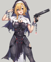 1girl :d arm_up black_bodysuit black_nails blonde_hair blue_eyes blush bodysuit breasts capelet chain cleavage commentary_request covered_navel cowboy_shot cuffs cup feet_out_of_frame grey_background gun handcuffs harness hasumushi highres holding holding_cup holding_gun holding_weapon large_breasts looking_at_viewer nail_polish nun o-ring open_mouth original short_hair simple_background smile solo standing tabard torn_bodysuit torn_clothes trigger_discipline veil weapon white_capelet