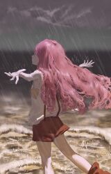 1girl absurdres brown_shorts commentary_request highres jewelry_bonney long_hair ocean one_piece outdoors outstretched_arms overcast pink_hair rain shirt shorts sky sleeveless sleeveless_shirt solo suspenders vitagazer water white_shirt