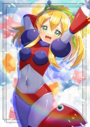 1girl :d arms_up blonde_hair bodysuit boots breasts commentary_request commission covered_navel gloves green_eyes green_ribbon grey_bodysuit grey_gloves hair_ribbon hyper_roll_(marvel_vs._capcom) knee_boots kou_hiyoyo long_sleeves looking_at_viewer marvel_vs._capcom mega_man_(series) open_mouth ponytail red_boots ribbon roll_(mega_man) skeb_commission small_breasts smile solo star_balloon