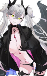 1girl black_jacket black_panties breasts cleavage demon_wings fate/grand_order fate_(series) highres horns jacket lilith_(fate) long_hair looking_at_viewer medium_breasts navel panties pointy_ears pubic_tattoo smile solo tatsunomiya tattoo twintails underwear white_background white_hair wings yellow_eyes
