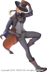 Rule 34 | 1boy, ascot, baudouin (king&#039;s raid), black ascot, black hat, black jacket, black pants, black shirt, blonde facial hair, blonde hair, boots, brown boots, brown gloves, commentary, dark-skinned male, dark skin, facial hair, formal clothes, full body, gem, gloves, goatee, grey vest, halloween, halloween costume, hand on headwear, hand on own hat, hat, highres, hwansang jungdog, jacket, king&#039;s raid, long hair, looking at viewer, low ponytail, official art, one eye covered, orange gemstone, orange jacket, orange trim, pants, ponytail, shirt, smile, solo, suit, tailcoat, top hat, two-sided fabric, two-sided jacket, vest