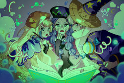 Rule 34 | 1boy, 2girls, :o, alchemist cookie, black gloves, black hat, black shirt, blue capelet, blue eyes, blue hat, blue robe, blush, book, boy and girl sandwich, braid, brown hat, bubble, candy, capelet, commentary, cookie run, cookie run: kingdom, cream puff cookie, dress, fang, finger to own chin, fingerless gloves, food, frown, gloves, grey background, hand up, hat, holding, holding wand, humanization, jelly bean, long hair, long sleeves, multiple girls, nail polish, open book, open mouth, petticoat, ponong, profile, purple eyes, purple hair, purple nails, raised eyebrows, robe, sandwiched, scarf, shirt, short hair, simple background, sleeves past wrists, star (symbol), star in eye, star print, straight-on, sweatdrop, symbol-only commentary, symbol in eye, teeth, turtleneck, turtleneck shirt, twin braids, upper body, upper teeth only, v-shaped eyebrows, wand, white hair, white scarf, wide sleeves, wizard cookie, wizard hat, wrapped candy, yellow dress