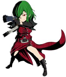 1girl boots capcom coat cosplay dante_(cosplay) dante_(devil_may_cry) dante_(devil_may_cry)_(cosplay) devil_may_cry_(series) devil_may_cry_1 dual_wielding ebony_(devil_may_cry) female_focus gloves green_hair gun handgun holding ivory_(devil_may_cry) kazami_yuuka m1911 nelo nelo_anjuurou parody red_eyes smile solo style_parody touhou transparent_background viewtiful_joe weapon