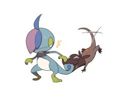 ^^^ black_eyes commentary drizzile gen_7_pokemon gen_8_pokemon looking_back motion_lines nintendo no_humans open_mouth pokemon pokemon_(creature) salandit simple_background ssalbulre standing sweatdrop toes tongue white_background
