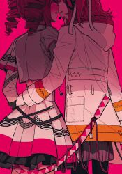 2girls a.i._voice adachi_rei belt black_pantyhose black_sleeves blush cowboy_shot drill_hair from_behind grey_jacket grey_shorts grey_skirt hair_ribbon hand_on_another&#039;s_waist hashtag-only_commentary headphones headset highres imminent_kiss jacket kasane_teto kasane_teto_(sv) kimmy6710223 layered_sleeves long_sleeves microphone multiple_girls musical_staff musical_staff_print pantyhose pink_background pink_belt red_hair red_skirt ribbon shorts skirt skirt_set striped_clothes striped_jacket synthesizer_v twin_drills utau white_jacket white_ribbon yuri
