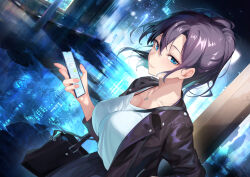 1girl between_breasts black_bag blue_eyes breasts cellphone closed_mouth hair_behind_ear hair_between_eyes holding holding_phone jewelry long_hair looking_at_viewer maeshimashi necklace night original outdoors parted_lips phone purple_hair shirt smartphone smile solo standing strap_between_breasts white_shirt
