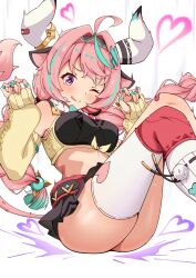 1girl ahoge animal_ears aqua_hair black_bra black_panties black_skirt bra braid cow_ears cow_girl cow_horns cow_tail detached_sleeves floating_hair genshin_impact hair_intakes headband highres horns long_hair long_sleeves low_twintails microskirt motion_lines motsutoko multicolored_hair one_eye_closed panties pink_hair pleated_skirt purple_eyes single_thighhigh skirt solo streaked_hair tail thighhighs tongue tongue_out twin_braids twintails underwear varesa_(genshin_impact) white_background yellow_sleeves