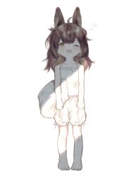 1girl absurdres ahoge animal_ears bare_arms bare_shoulders barefoot bloomers blush brown_hair camisole collarbone commentary_request full_body highres holding holding_pillow ic_(iccccccccc81) medium_hair midriff_peek one_eye_closed open_mouth orange_eyes original pillow rabbit_ears simple_background sleepy solo squeans standing tearing_up underwear white_background white_bloomers white_camisole