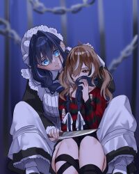 2girls absurdres ahoge apron blue_eyes braid brown_eyes brown_hair chain emo_fashion hair_intakes hair_over_one_eye hat highres hololive hololive_english knife koizumi_arata long_hair long_sleeves looking_at_viewer low_twin_braids maid maid_apron mob_cap multicolored_hair multiple_girls nanashi_mumei nanashi_mumei_(emo) official_alternate_costume official_alternate_hairstyle ouro_kronii ouro_kronii_(maid) red_sweater streaked_hair striped_clothes striped_sweater sweater torn_clothes twin_braids virtual_youtuber white_apron yandere