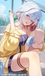 1girl absurdres alternate_costume arrow_hair_ornament bag bare_shoulders bottle breasts cleavage grey_hair hand_fan highres holding holding_bottle holding_fan honkai:_star_rail honkai_(series) imasaki_kei jacket long_sleeves looking_at_viewer multicolored_hair open_clothes open_jacket open_mouth outdoors red_hair short_hair sitting solo streaked_hair sweat thigh_strap topaz_(honkai:_star_rail) twitter_username yellow_jacket