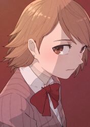 1girl bow bowtie brown_eyes brown_hair cardigan choker closed_mouth collared_shirt commentary_request earrings fcgc_(friedalwaysgood) from_side gekkoukan_high_school_uniform highres jewelry light_blush looking_at_viewer looking_to_the_side persona persona_3 pink_cardigan red_bow red_bowtie ribbed_cardigan school_uniform shirt short_hair simple_background solo stud_earrings takeba_yukari upper_body white_choker white_shirt