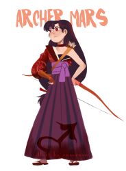 1girl alternate_costume archery arrow_(projectile) artist_name bishoujo_senshi_sailor_moon black_hair bow_(weapon) commentary english_commentary full_body hakama highres hino_rei holding holding_bow_(weapon) holding_weapon japanese_clothes kimono kyuudou long_hair looking_to_the_side mars_symbol obi purple_hakama purple_sash quiver red_eyes red_kimono renareve sandals sash simple_background solo tabi weapon white_background