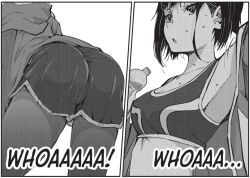 1girl arm_up armpits artist_request ass ass_focus bottle bra breasts cleavage dolphin_shorts english_text female_focus hood hoodie leggings leggings_under_shorts manga_illustration manga_page manga_panel medium_breasts mikazuki_shizuka monochrome official_art short_hair shorts sleeveless solo solo_focus sports_bra sweat sweatdrop underwear water_bottle zom_100:_zombie_ni_naru_made_ni_shitai_100_no_koto