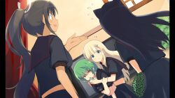 Rule 34 | 4girls, absurdres, animal ears, black hair, black sailor collar, black shirt, black skirt, blonde hair, blunt bangs, breasts, cat ears, dark-skinned female, dark skin, eating, food, game cg, grabbing another&#039;s arm, green eyes, green hair, hair ornament, hair tie, hairclip, hebijo academy school uniform, highres, hikage (senran kagura), holding, holding food, homura (senran kagura), indoors, large breasts, light blush, long hair, looking at another, midriff, mirai (senran kagura), multiple girls, non-web source, official art, open mouth, pillarboxed, ponytail, sailor collar, school uniform, senran kagura, senran kagura burst, shirt, short hair, skirt, slit pupils, smile, tan, torn clothes, yaegashi nan, yellow eyes, yomi (senran kagura)
