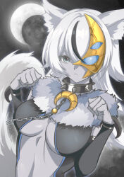 Rule 34 | 1girl, absurdres, animal ears, black bodysuit, black hair, bodysuit, breasts, chain, cleavage, clothing cutout, collar, colored skin, crescent, crescent moon, duel monster, grey eyes, grey hair, grey skin, half mask, highres, large breasts, long hair, lunalight silver hound, lyrin (haireirei), mask, moon, multicolored hair, one eye covered, paw pose, solo, spiked collar, spikes, stomach cutout, tail, two-tone hair, yu-gi-oh!