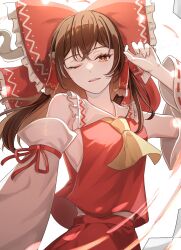1girl ascot bare_shoulders bow brown_eyes brown_hair detached_sleeves frilled_bow frills gohei hair_bow hair_tubes hakurei_reimu highres looking_at_viewer luuu_u_u midriff_peek nontraditional_miko one_eye_closed red_bow red_shirt ribbon-trimmed_sleeves ribbon_trim shirt sleeveless sleeveless_shirt solo touhou yellow_ascot
