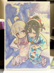 Rule 34 | 2girls, ahoge, bench, black hair, blue hair, blue kimono, blush stickers, bow, brown eyes, closed eyes, commentary request, flip-flops, full body, grey hair, hair between eyes, hair bow, hair ornament, hairclip, highres, japanese clothes, kimono, long hair, matado (almukha), multicolored hair, multiple girls, obi, onii-chan wa oshimai!, oyama mahiro, oyama mihari, photo (medium), pink kimono, ponytail, red bow, sandals, sash, siblings, sisters, sitting, smile, traditional media, two-tone hair, yukata