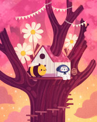 Rule 34 | artist name, bee, birdhouse, bug, closed eyes, commentary, creature, dawn, ellievsbear, english commentary, flower, highres, house, insect, original, pink theme, signature, sky, sleeping, smile, solid circle eyes, stairs, star (sky), tree, treehouse, wings