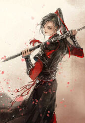 Rule 34 | 1boy, black hair, black hanfu, chinese clothes, closed mouth, falling petals, from behind, grey eyes, hair ribbon, hanfu, high ponytail, holding, holding sword, holding weapon, ink wash painting, kcllzas163, light particles, long hair, long sleeves, looking at viewer, looking back, male focus, modao zushi, over shoulder, painting (medium), petals, ponytail, red petals, red ribbon, ribbon, robe, sheath, sheathed, smile, solo, standing, sword, sword over shoulder, sword tassel, tassel, third-party source, traditional media, weapon, weapon over shoulder, wei wuxian