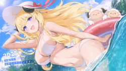 1girl :d absurdres ahoge andychen bikini blonde_hair breasts cleavage day hat highres hololive horns large_breasts long_hair open_mouth outdoors purple_eyes sheep_horns smile solo standing swimsuit translation_request tsunomaki_watame very_long_hair virtual_youtuber wading watamate water white_bikini white_hat
