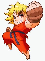 Rule 34 | 1boy, belt, black belt, blonde hair, chibi, clenched hands, dougi, fingerless gloves, game cg, gloves, grin, highres, jumping, karate gi, ken masters, knee up, maeda shima, male focus, martial arts belt, mma gloves, muscular, non-web source, official art, pocket fighter, simple background, smile, solo, street fighter, torn clothes, torn sleeves, white background