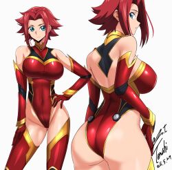 1girl artist_name ass bare_shoulders blue_eyes breasts code_geass dated elbow_gloves gloves hand_on_own_hip highres kouzuki_kallen large_breasts medium_hair parted_bangs pilot red_hair simple_background white_background yoo_tenchi
