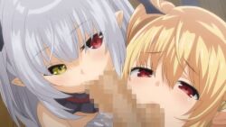 1boy 2022 20s 2girls animated animated_gif anime_screenshot blonde_hair blush boku_wa_chiisana_succubus_no_shimobe censored chloe_lilith_stella cooperative_fellatio demon_girl erection fellatio hetero heterochromia kiss_kiss_drain loli looking_at_viewer lowres mosaic_censoring multiple_girls open_mouth oral penis pointy_ears red_eyes shimaidon_(sex) siblings sidelocks sisters tagme teamwork teamwork_(sexual) testicle_sucking testicles tiffany_lilith_stella white_hair yellow_eyes