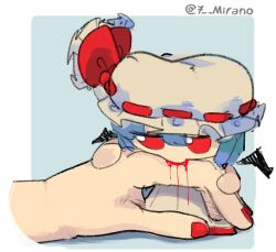 1girl 1other 7-mirano bat_wings biting biting_finger blood blue_hair commentary english_commentary fumo_(doll) hair_between_eyes hat hat_ribbon mob_cap pink_hat pink_skirt red_eyes red_nails red_ribbon remilia_scarlet ribbon short_hair skirt solo_focus touhou twitter_username vampire wings
