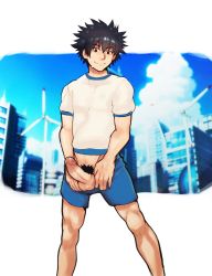 1boy black_hair blue_shorts cityscape erection feet_out_of_frame highres kamijou_touma looking_at_viewer male_focus male_pubic_hair penis pubic_hair robokeh shirt short_hair shorts solo spiked_hair testicles toaru_majutsu_no_index toned toned_male uncensored white_shirt