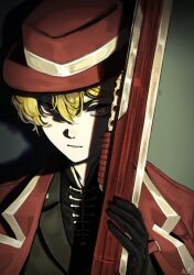 alitaba_art black_gloves black_shirt black_vest blonde_hair commentary english_commentary fedora gloves gun hair_between_eyes hat holding holding_gun holding_weapon jacket light_frown limbus_company male_focus orange_eyes portrait project_moon red_hat red_jacket shadow shirt sinclair_(project_moon) spotlight thumb_(identity)_(project_moon) vest weapon
