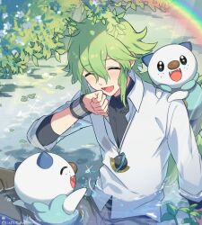 1boy :d bishounen brown_pants closed_eyes collared_shirt commentary day gen_5_pokemon green_hair hand_up happy highres light_rays long_hair male_focus n_(pokemon) nintendo open_mouth oshawott outdoors pants pokemon pokemon_(creature) pokemon_bw rainbow shirt sitting smile sparkle twitter_username un_tapoi undershirt water white_shirt wristband