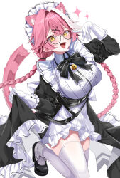 Rule 34 | 1girl, absurdres, adjusting eyewear, animal ears, bell, black bow, black bowtie, black dress, black shoes, bow, bowtie, braid, breasts, center-flap bangs, collared dress, commentary, dress, extra ears, fangs, frilled gloves, frills, glasses, gloves, hand up, highres, hololive, hololive english, jingle bell, juliet sleeves, large breasts, layered dress, long hair, long sleeves, looking at viewer, low twin braids, maid headdress, mogu (au1127), multicolored hair, neck bell, official alternate costume, official alternate hairstyle, panther ears, panther girl, panther tail, pink hair, puffy sleeves, raora panthera, round eyewear, shoes, skirt hold, solo, streaked hair, symbol-only commentary, tail, teeth, thighhighs, twin braids, underbust, upper teeth only, very long hair, virtual youtuber, white dress, white gloves, white hair, white thighhighs, yellow eyes