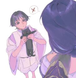 Rule 34 | 1boy, 1girl, animal, black cat, black eyes, black hair, black shrug, blunt ends, breasts, cat, cleavage, clothing cutout, eyeliner, eyeshadow, from above, genshin impact, googly eyes, hands up, height difference, highres, holding, holding animal, holding cat, japanese clothes, kariginu, kimono, long hair, looking at another, makeup, mimochs, mother and son, pants, pelvic curtain, pink kimono, pink sleeves, pleading eyes, purple hair, purple kimono, raiden shogun, red eyeliner, red eyeshadow, scaramouche (genshin impact), scaramouche (kabukimono) (genshin impact), shoulder cutout, shrug (clothing), single sode, spoken x, white background, white pants, white sleeves, wide sleeves, wispy bangs