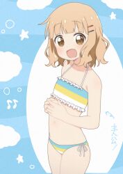 1girl absurdres bikini blonde_hair blush breasts brown_eyes child collarbone fang hair_ornament hairclip highres looking_at_viewer medium_hair navel okaasan_(okaasandx) oomuro_sakurako open_mouth side-tie_bikini_bottom simple_background small_breasts smile solo swimsuit yuruyuri