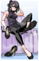 1girl absurdres black_hair black_socks blush covered_erect_nipples feet ga320aaa highres holding holding_shoes long_hair looking_at_viewer mole mole_under_mouth original pink_eyes shoes sleeveless sleeveless_turtleneck socks soles steam toes turtleneck unworn_shoes