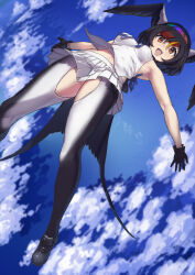 Rule 34 | 1girl, bare shoulders, barn swallow (kemono friends), bird girl, bird tail, bird wings, black gloves, black hair, black pantyhose, black shoes, blue bow, blue bowtie, blue sky, bow, bowtie, brown eyes, cloud, crotch cutout, flying, from below, gloves, hair between eyes, head wings, kemono friends, looking at viewer, midriff peek, multicolored hair, open mouth, orange hair, pantyhose, pleated skirt, red hair, shirt, shoes, short hair, sidelocks, skirt, sky, sleeveless, smile, solo, tadano magu, tail, two-tone pantyhose, white pantyhose, white shirt, white skirt, wings