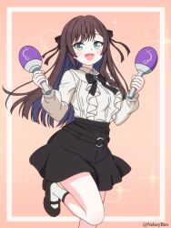 1girl absurdres alina_clover black_skirt brown_hair guild_no_uketsukejou_desu_ga_zangyou_wa_iya_nanode_boss_wo_solo_toubatsu_shiyou_to_omoimasu highres instrument maracas skirt