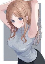 1girl absurdres armpit_focus armpits arms_up bang_dream! bang_dream!_it&#039;s_mygo!!!!! beniyomogi blue_sweater blush border breasts brown_hair commentary grey_background highres large_breasts long_hair looking_at_viewer nagasaki_soyo outside_border presenting_armpit sidelocks sleeveless sleeveless_sweater solo sweater very_long_hair white_border