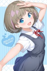 1girl artist_name blue_background blue_eyes blush brown_hair commentary_request dated dress grey_dress heart highres looking_at_viewer love_live! love_live!_superstar!! multicolored_hair neck_ribbon open_mouth pink_hair rabineru red_ribbon ribbon shirt smile solo streaked_hair summer_uniform tang_keke twitter_username white_shirt